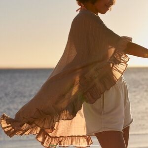 Aerie Gauze Ruffle Cape Coverup -Cappuccino With Metallic Gold Stripe